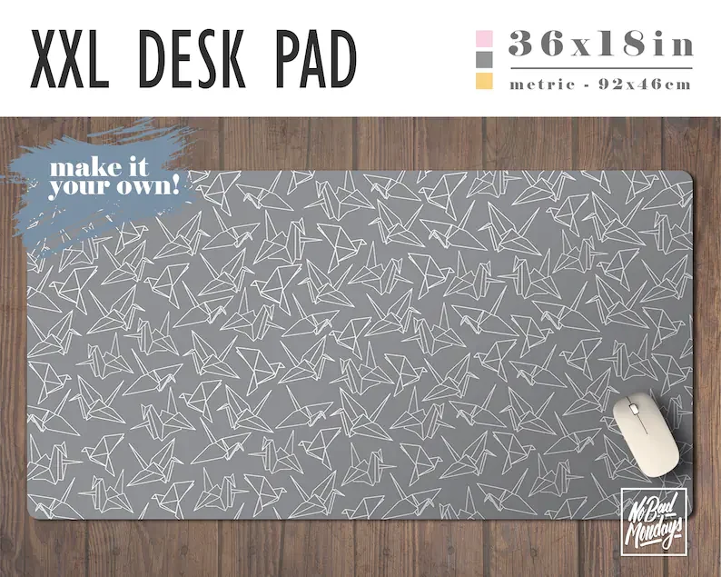 

Paper Cranes Print Extra Large Desk Pad with Available Custom Monogram - Extended Mouse Mat - 36x18in