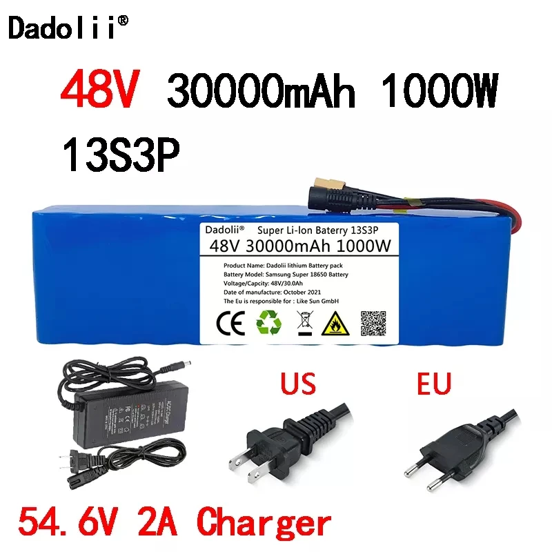 

Paquete de batería de 48V para bicicleta eléctrica, batería de iones de litio de 30Ah 18650, 1000w con enchufe XT60 y cargador d