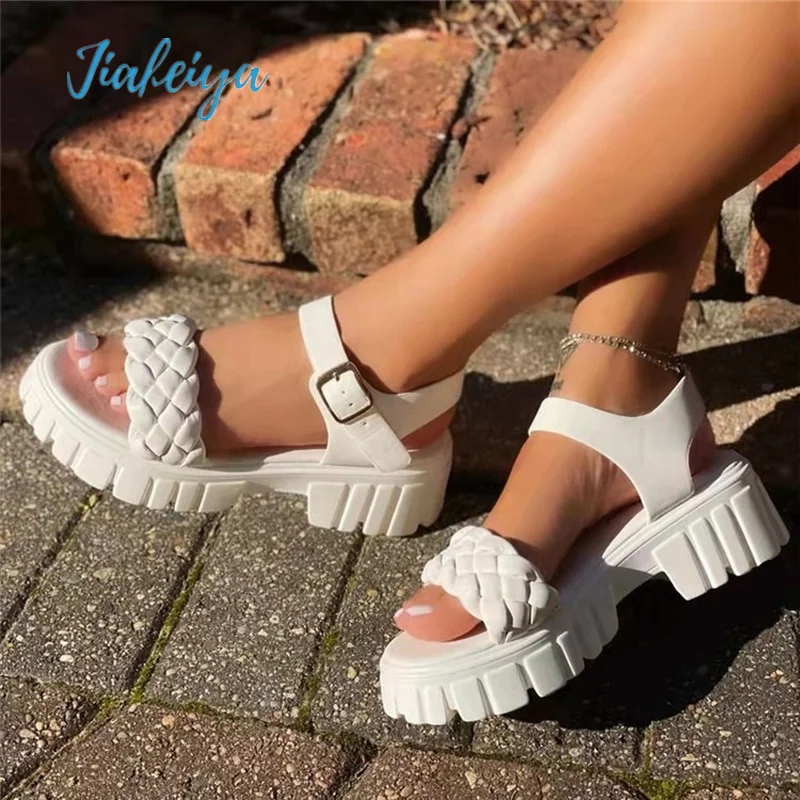 

Women Sandals Pumps Summer Fashion Open Toe Weave Shoes Female Thin Belt Thick Heels Party Casual Females Platform Sandals
