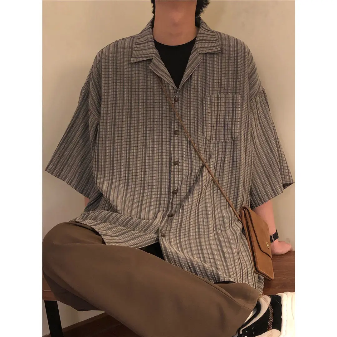 

2022 Summer New Japanese Retro Plaid Short-sleeved Shirt Men Light Luxury Loose All-match Shirt Boutique Clothing Simple Style