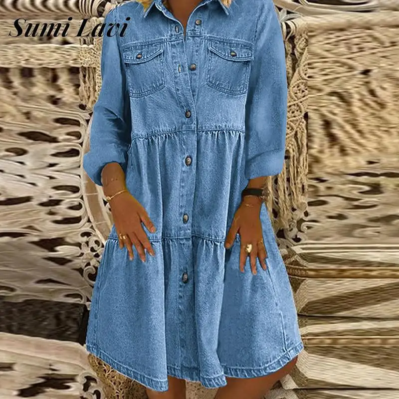 

Casual Solid Lapel Button Dress Vintage Long Sleeve Denim Dress For Women Stitching Lotus Leaf Mid Waist Shirt Dresses Cover-Ups