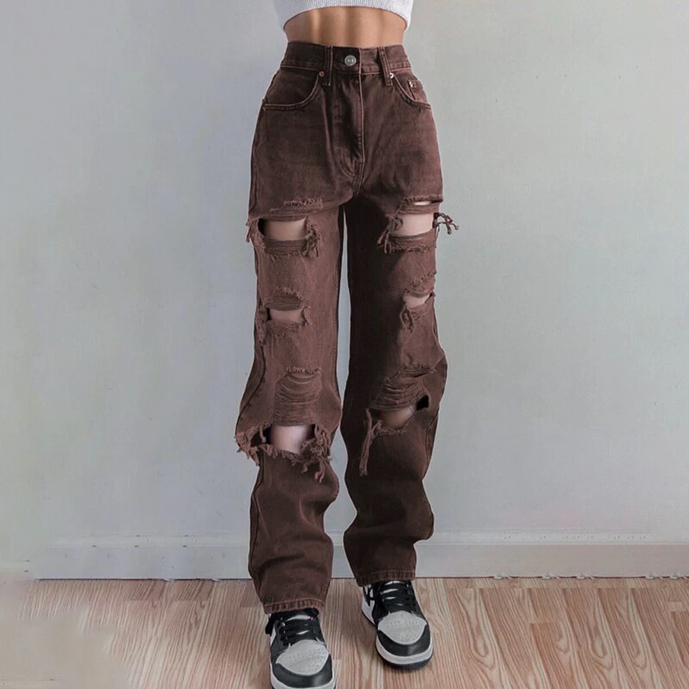 New Jeans Women's Fashion Jeans Women's High Waist Loose Wide Leg Pants Street Personality Girl Hole Straight Pants Denim Cotton