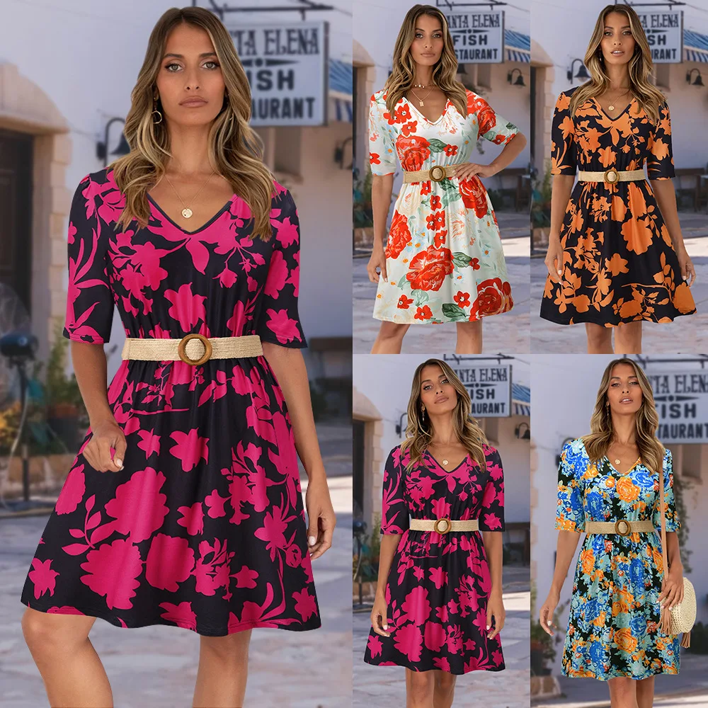 2022 Spring And Summer Women's Slim Large Print New Floral Vest Dress With Belt