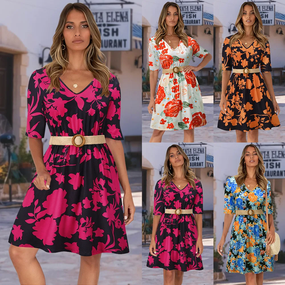 

2022 Spring And Summer Women's Slim Large Print New Floral Vest Dress With Belt