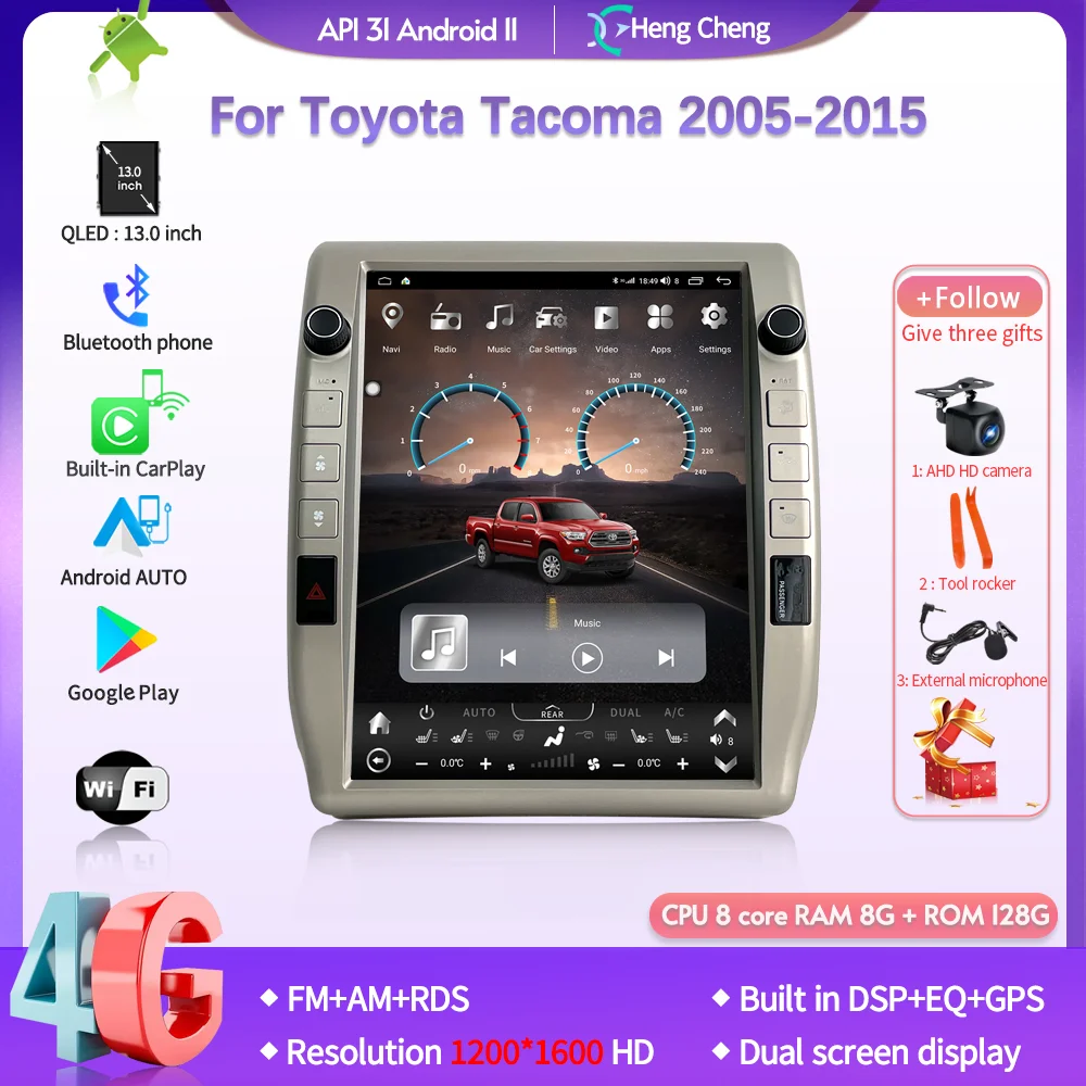 

13,0 дюйма для Toyota Tacoma 2005-2015, умный мультимедийный видеоплеер CarPlay, GPS, Android, автомагнитола, навигация 8 + 128 ГБ