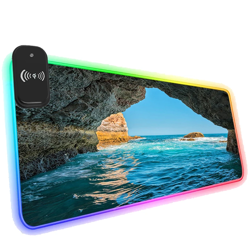 

Коврик для мыши RGB с беспроводной зарядкой для телефона, светодиодный игровой коврик для мыши с подсветкой в пещере, с видом на море, крутой м...