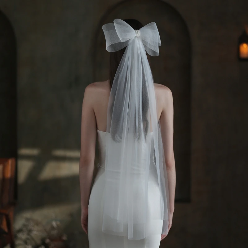 

Wedding Bridal Veil Double Layers Short Length Sheer Veils with Cute Bowknot Hair Accessories for Bride Cut Edge