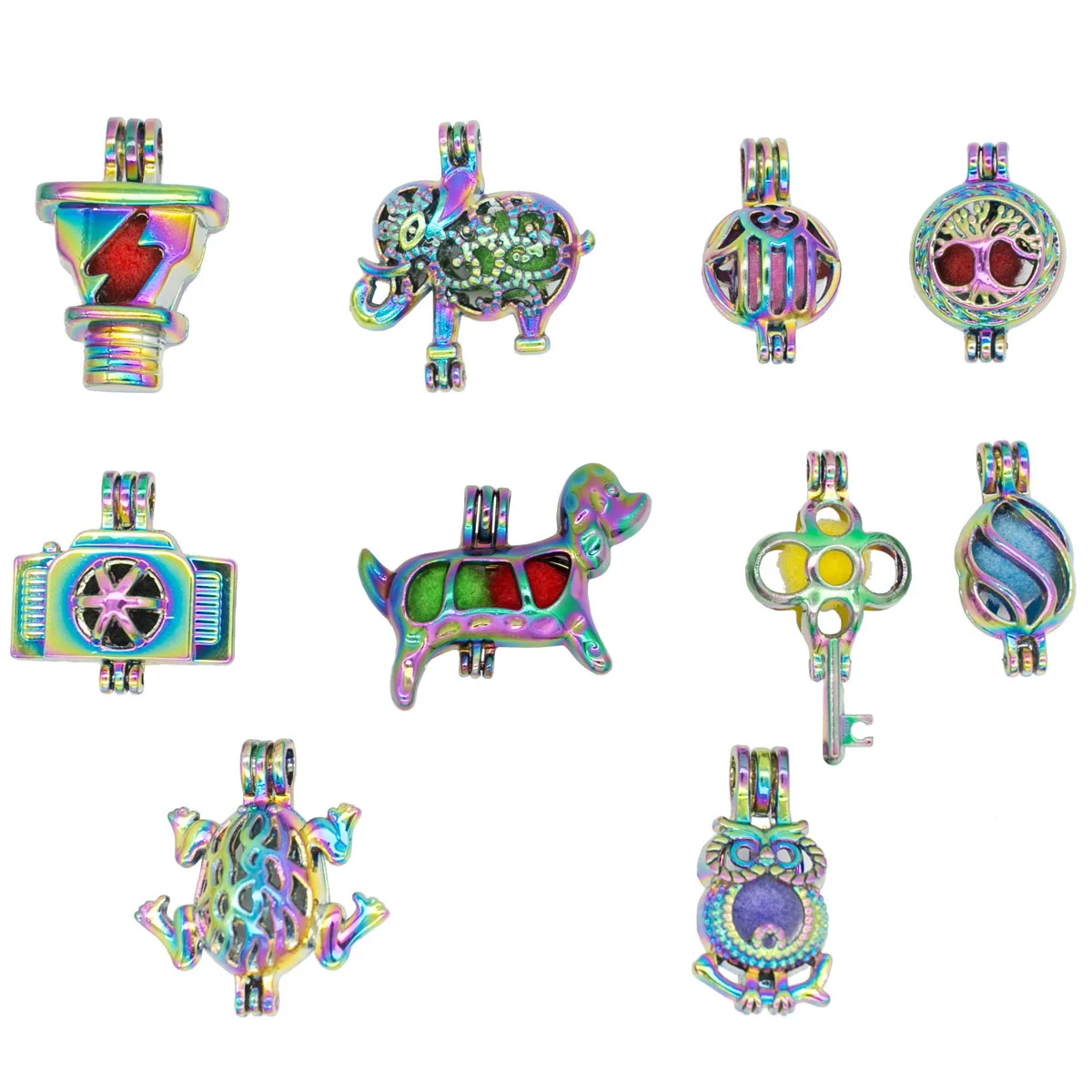 

5pcs Rainbow Animal Cat Lily Flower Pearl Bead Cages Pendant Essential Oil Diffuser Locket Craft Jewelry Making Necklace DIY