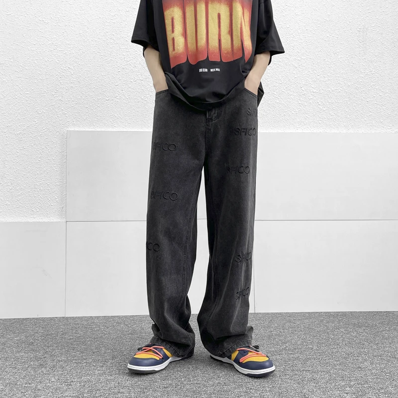 European and American Embroidered Alphabet Jeans Men's Loose Casual Straight Pants High Street Pants Streetwear Ins Hot Sale