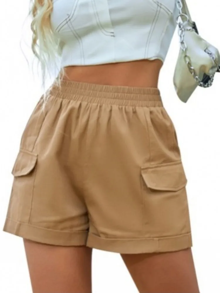 

Pockets Shorts Women High Elastic Waist Straight Trousers Pants 2022 Summer Fashion Solid Loose Casual Female Shorts Ropa Mujer