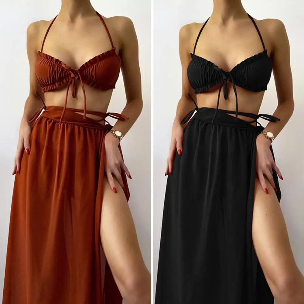 

3 Pcs/Set Beach Bikini Skirt Set Shirring Halter Neck Spaghetti Strap Backless High Waist Swimming Side Split Padded Swimwear Sk