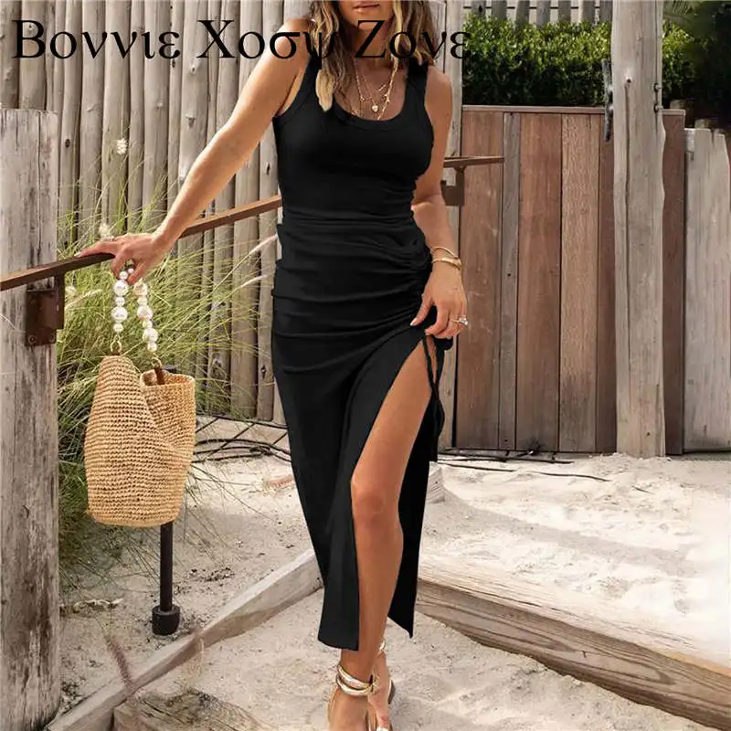 

Fancy Dress for Women UK Sleeveless High Waist Solid and Printed Ribbed Drawstring Ruched Sexy High Slit Dresses