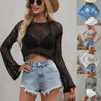 summer knit sweater flared sleeves new sexy womens perspective cutout perspective mesh fishnet t shirt skinny long sleeve top