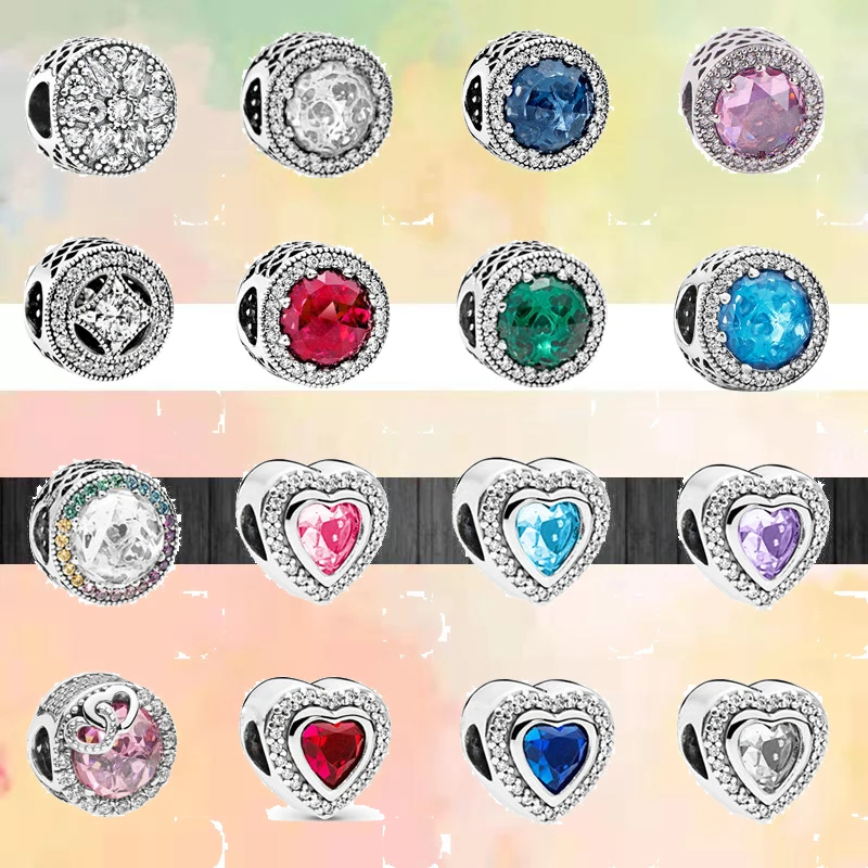 Newest Cute Big Zircon Sparkling Heart Round Colorful Beads Fit Original Pandora Charms Silver Color Bracelet DIY Women Jewelry