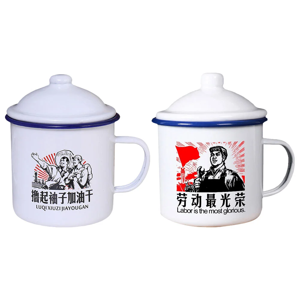 

2 Pcs Veteran Cadre Teacup Drinking Ceramic Travel Mug Lid Christmas Vintage Style Enamel Heat-resistant Coffee Concentrate