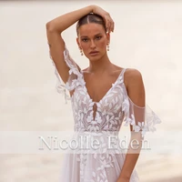 nicolle eden v neck mermaid princess small sleeves wedding dress 2022 custom made floor length lace appliques robe de soir%c3%a9e