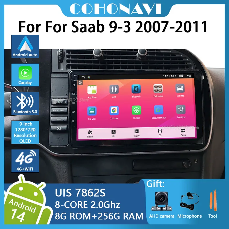 Фото COHO Android14-9 дюймов для Saab 9-3 93 2 2007-2011 8-ядерный автомобильный мультимедийный плеер стереоприемник радио GPS 4G WIFI Carplay №1