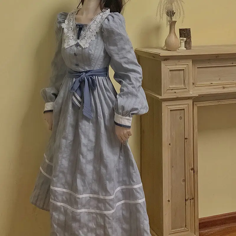 

Spring Summer French Retro Bubble Long-Sleeved Tie Ruffled Plaid DressMid-Length Princess Dress Blue Sweet Temperament Dress