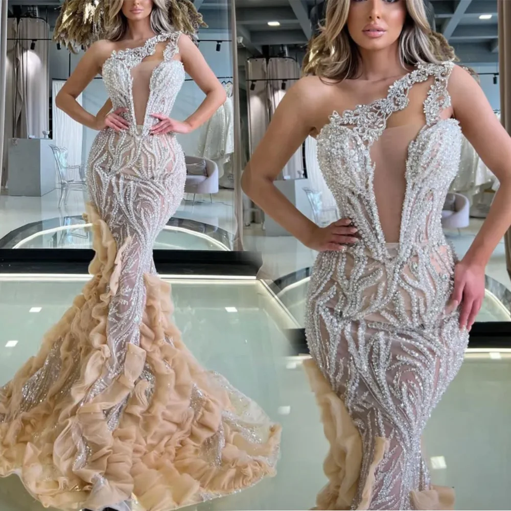 

New Gorgeous Evening Dresses Mermaid One-Shoulder Floor-Length Sweep Train Beaded Crystal Applique Sequins Tulle long Illusion