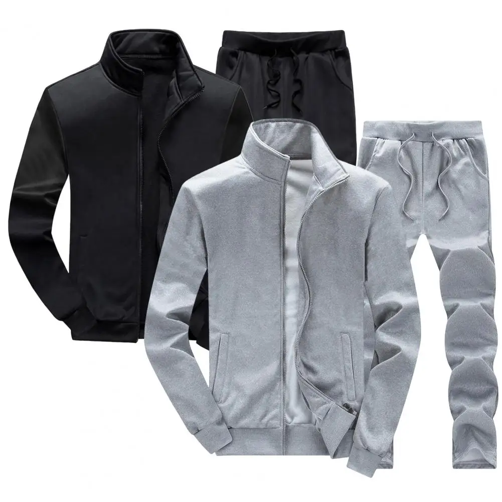 

1 Set Trendy Men Sweatshirt Sweatpants Sporty Men Jacket Pants Stand Collar Ribbed Cuff Coat Drawstring Pants Dressing