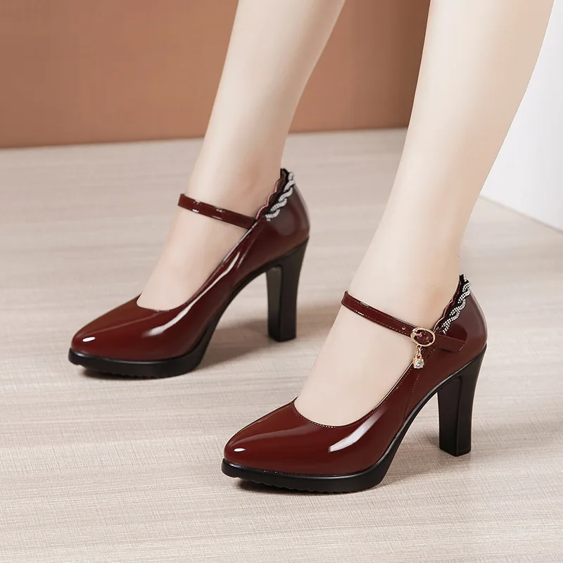 

Lady Pumps Pointed Toe Office Lady Pumps Buckle Strap Platform High Heels Women Shoes Four Season Patent Leather Shoes