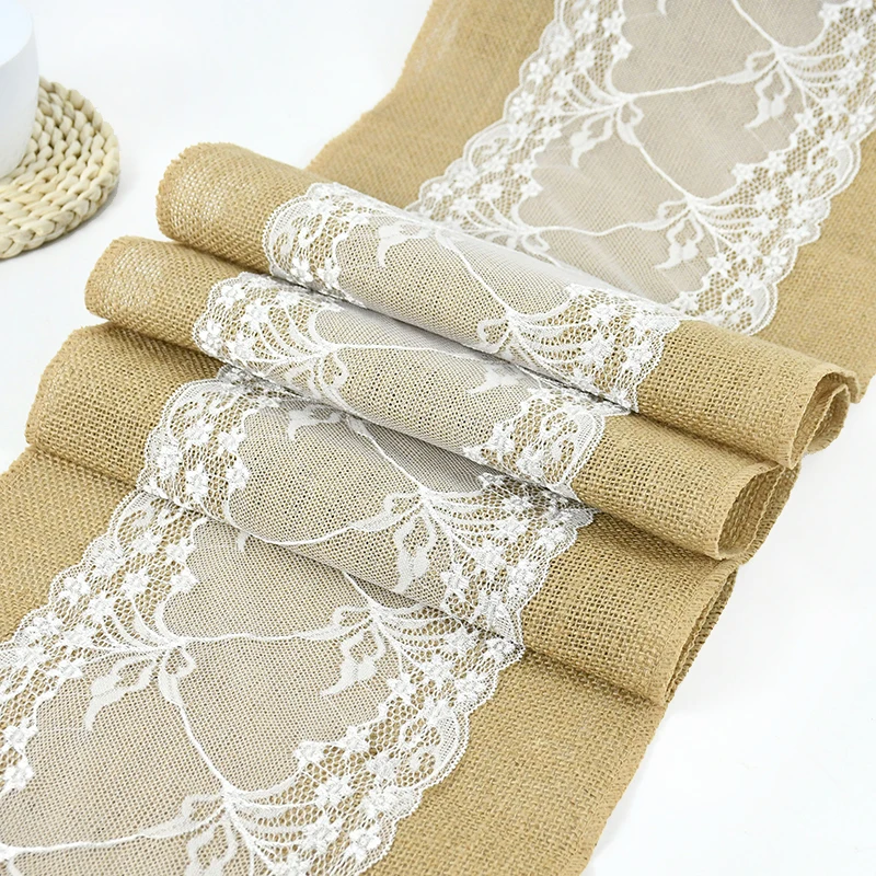 

30*180cm Burlap Lace Table Runner for Weddings Home Hessian Rustic Jute Thanksgiving Christmas Baby Party Decoration Table Decor