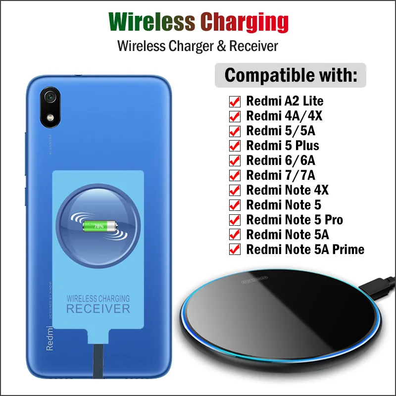 Qi Wireless Charging for Xiaomi Redmi 4A 5A 6A 7A 9A 9C 6 7 5 Plus Note 4X 5 5A Pro Prime Wireless Charger & Micro USB Receiver