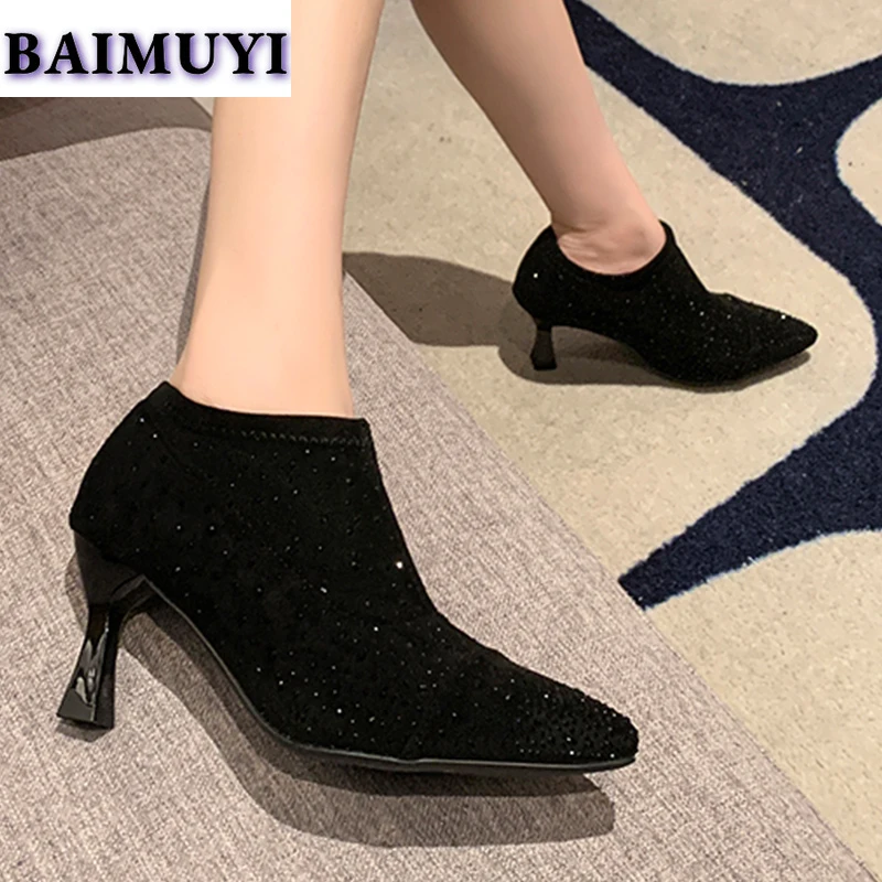 Женские ботильоны с кристаллами привлекательная обувь на высоком каблуке острым