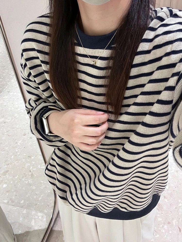 [В наличии] Пуловер в полоску контрастного цвета вязаный женский осенне-зимний