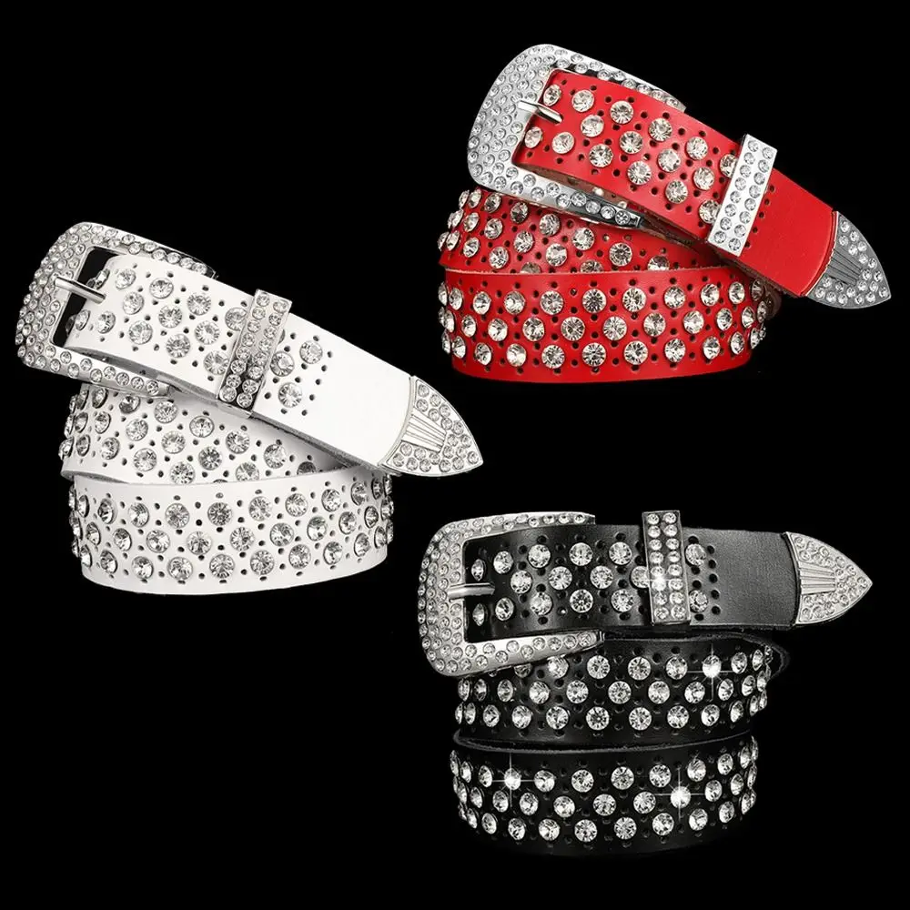 

Luxury Designer Brand Punk Pin Buckle Waistband Bling Bling Diamond Belt Genuine Leather Pants Bands Ladies Dress Belts