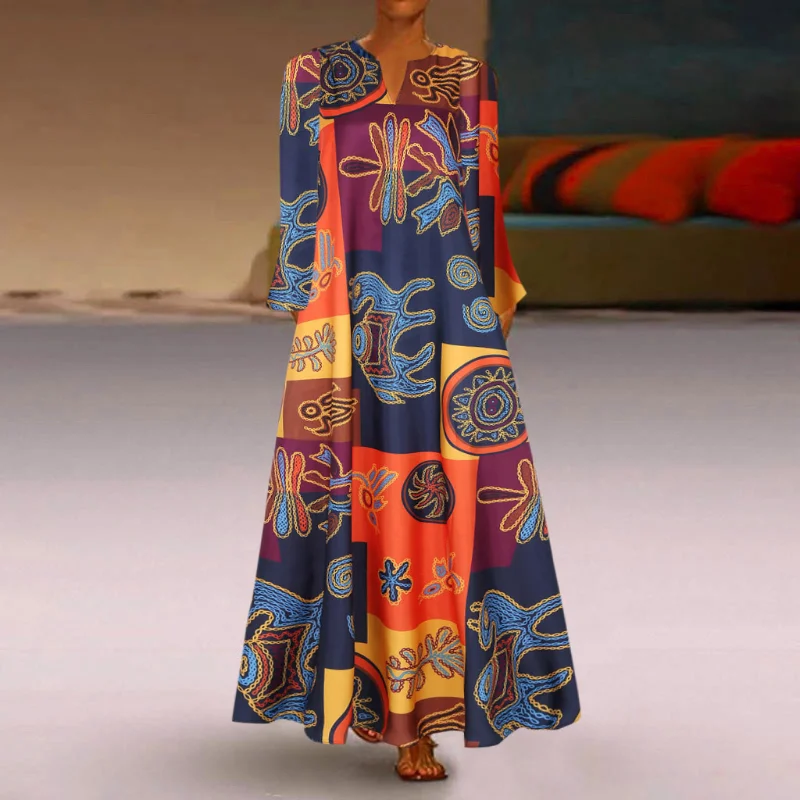 

Women Dress Cotton Linen Long Sleeve Vintage Floral Print Robe V-Neck Plus Size Maxi Dress Patchwork Spring Vestido De Mujer