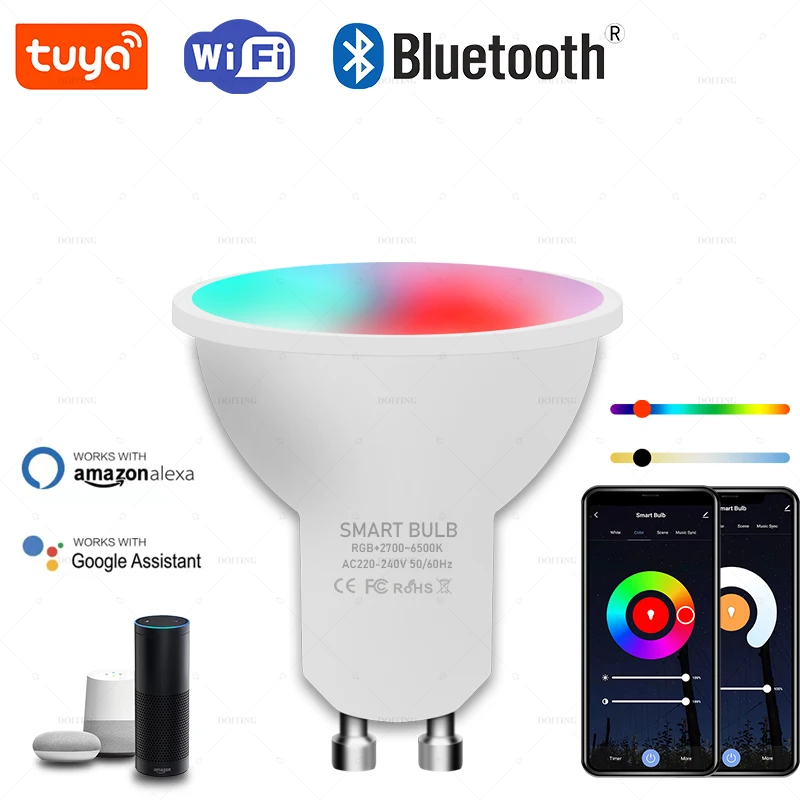 Умный светодиодный прожектор Tuya GU10 Wi-Fi 5 Вт RGB CW WW Luminous Flux 249-2000 люмен