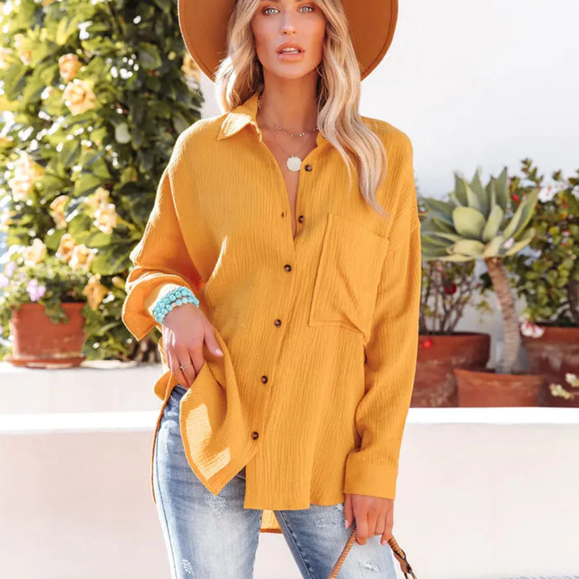 Women's Clothing 2023 Spring and Summer New Women's Casual V-neck Long-sleeve Button-down Shirt for Women