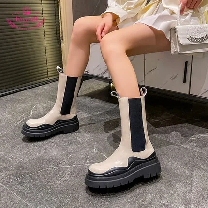 

Роскошные Ботинки Челси 2023, женские и мужские ботильоны, массивная обувь на платформе, парные ботинки без шнуровки, ботинки на толстой плоск...