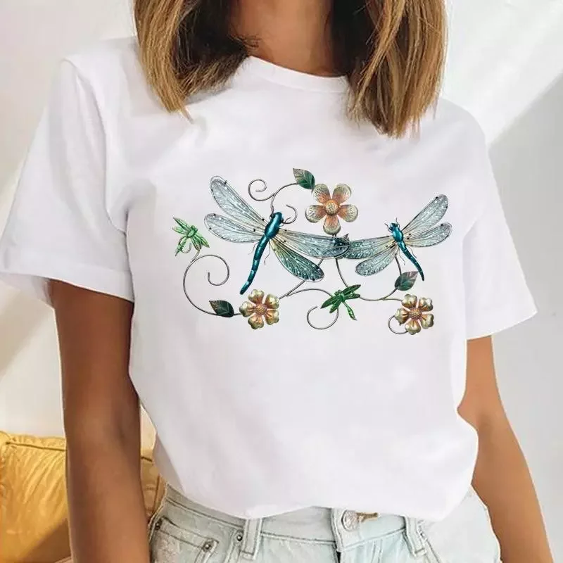 

Women Dragonfly Flower Flroal 90s Watercolor Casual Female Clothes Tops Print Ladies Tees Tshirt Cartoon Graphic T-Shirt