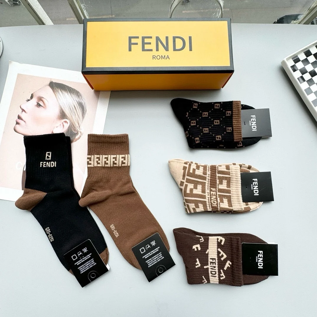 Носки Fendi 5 пар дышащие Носки мужские женские хлопковые мягкие впитывающие пот