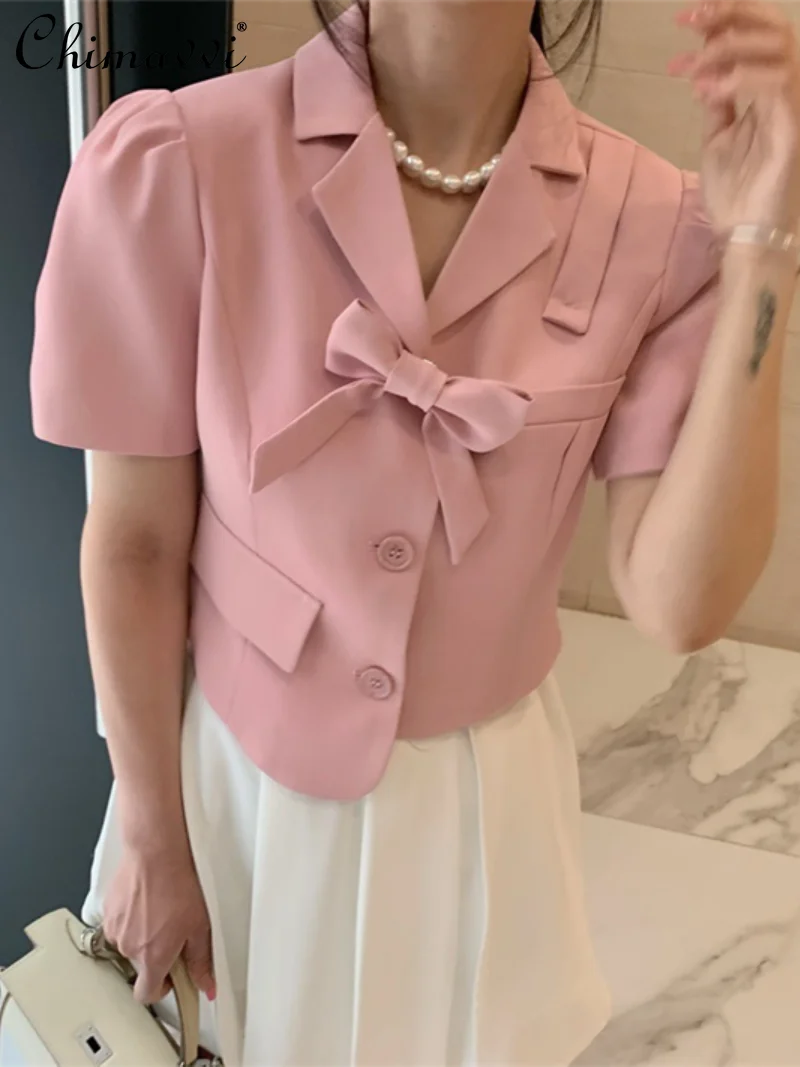 

Suit Short Sleeve Jacket Women's 2022 Summer Clothes New Fashion Puff Sleeve Slimming Thin Sweet Elegance Pink Tops Women Coat