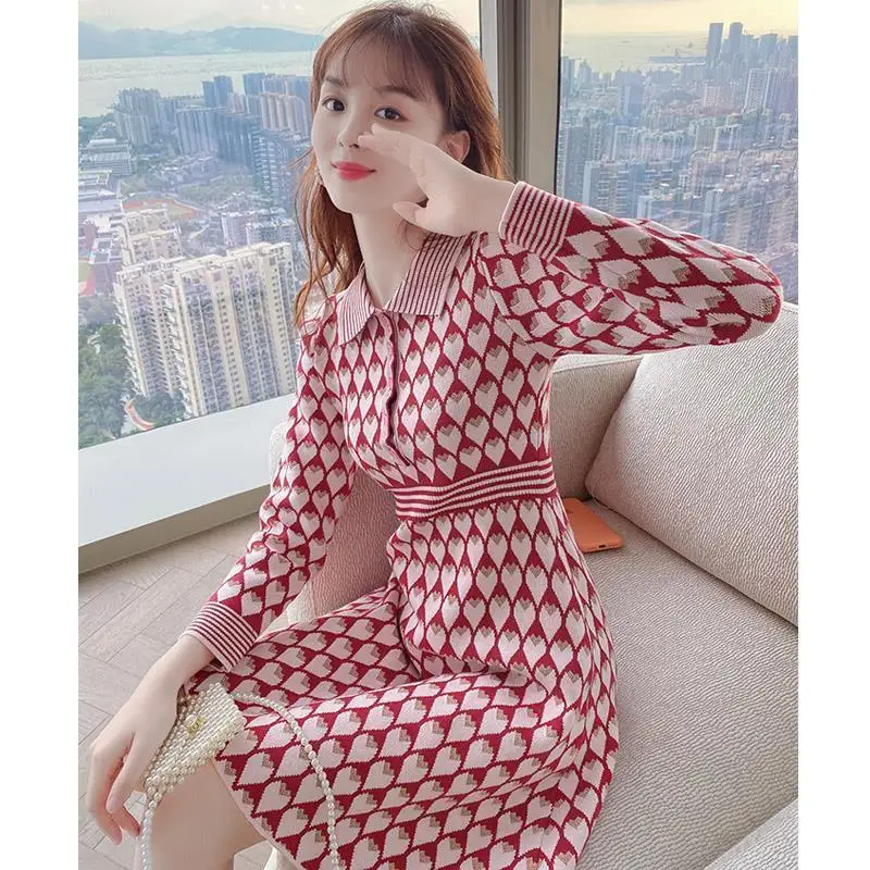 

Print Dresses for Women 2022 Sexy Knitted Dresses Female Autumn Spring Long Sleeve Midi Sweet Sweater Dresses Clothes B42