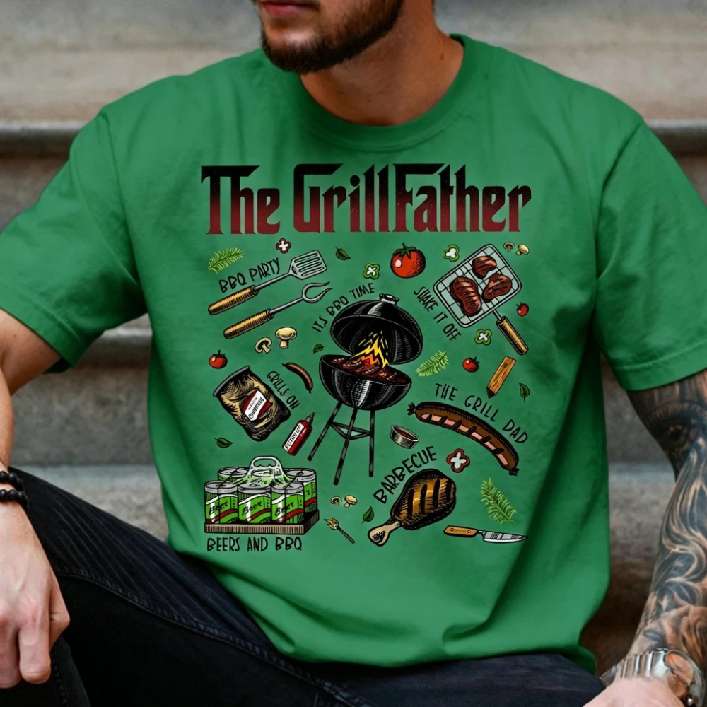 Фото Ретро-футболка The Grillfather BBQ с принтом в стиле «Крестного отца», винтажная мужская летняя футболка с круглым вырезом, хлопковая, с коротким рукавом №3