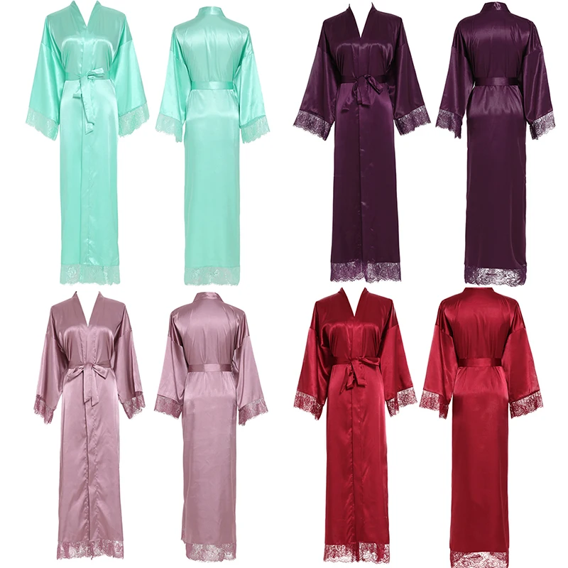 Owiter 2020 Women Long Solid Satin Robe Bridesmaid Robes Lace Robe Bridal Robe Wedding bride Robe Sleepwear Bathrobe Dressing