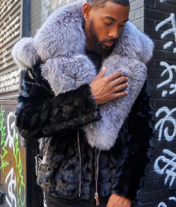 

2022 Winter New Men's Black Fur Coat with Large Fur Collar