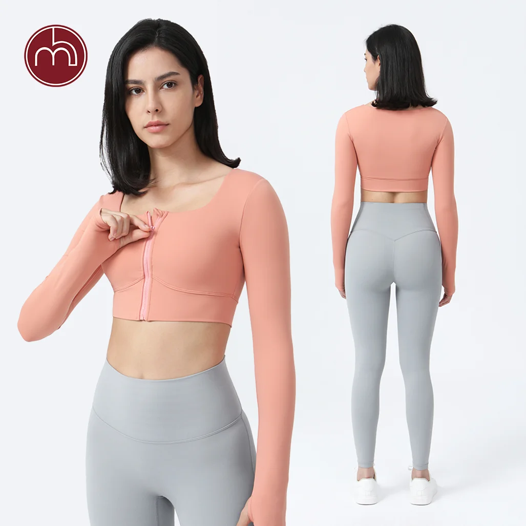 

Women Sport Fitness Wear Gym Jacket Crop Top Long Sleeve Yoga Clothing Solid Color Breathable Workout With Bra Pad