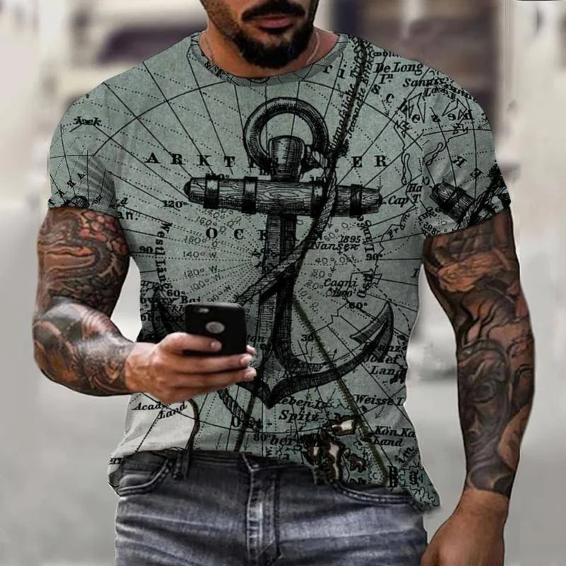

Colorful Nautical Anchor Print Retro Style Summer New Men's T-Shirt Oversized Short Sleeve Fashion Casual Sportswear O Neck