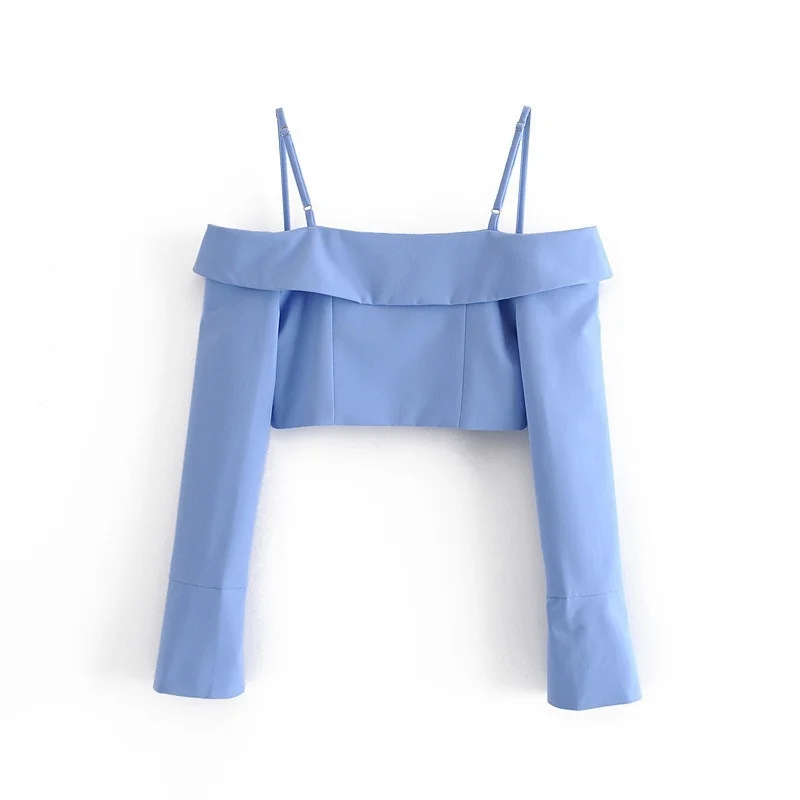 2021 Autumn Style Strapless Long-sleeved One-line Neck Suspender Top + High-waist Single-breasted Shorts Two-piece Suit Female