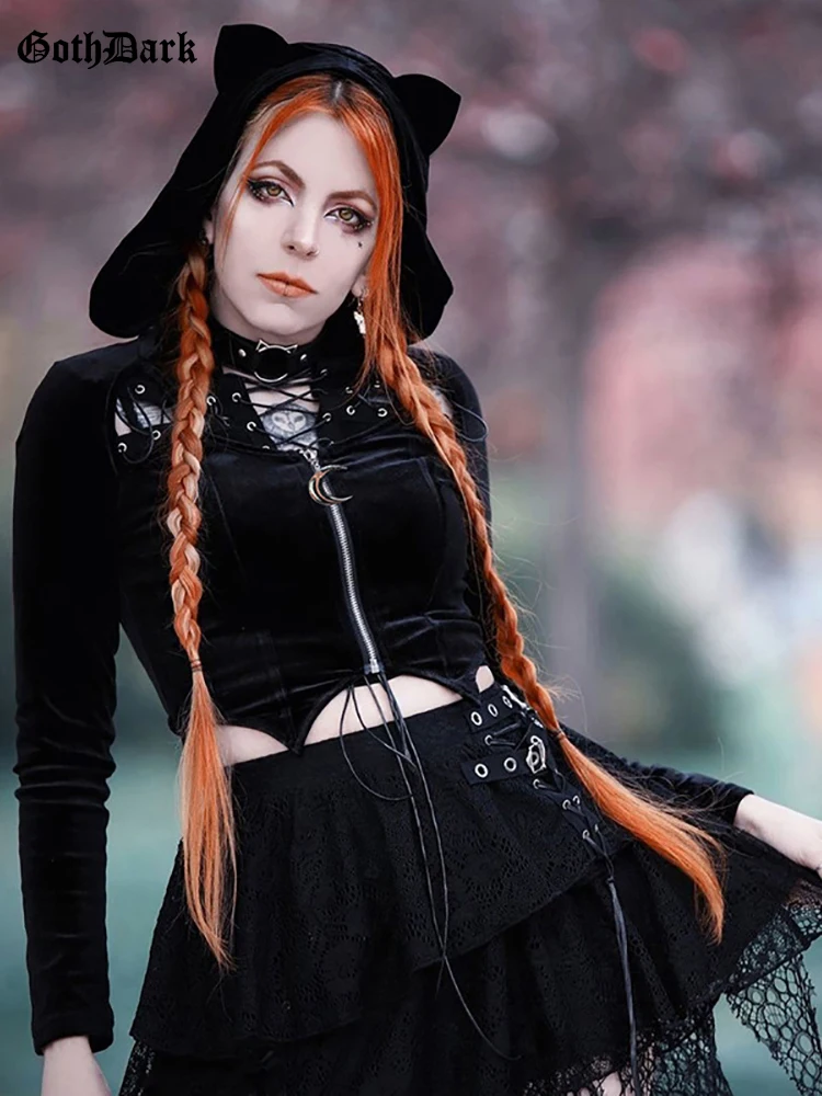 

Goth Dark Velvet Mall Gothic Cosplay Women Skirt Suits Grunge Black Zip Up Camis Hooded Alt Crop Tops Lace Up Irregular Skirts