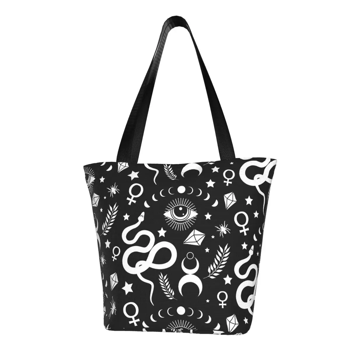 Modern Witch Occult Symbols Black & White Polyester outdoor girl handbag, woman shopping bag, shoulder bag, canvas bag, gift bag