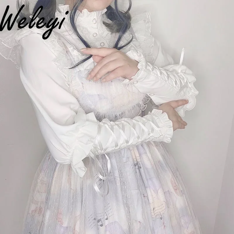 Женская блузка с длинным рукавом воротником-стойкой и кружевом