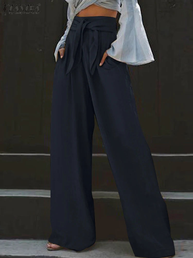 

2022 ZANZEA Fashion Women Wide Leg Trousers Autumn High Waist Solid Long Pants Elegant Loose OL Work Pantalon Lace Up Palazzo