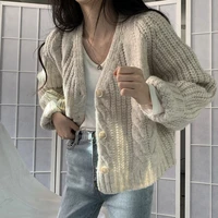 korean fashion ladies knitwears new 2021 autumn winter womens sweaters vintage v neck buttons cardigans shorts large beige