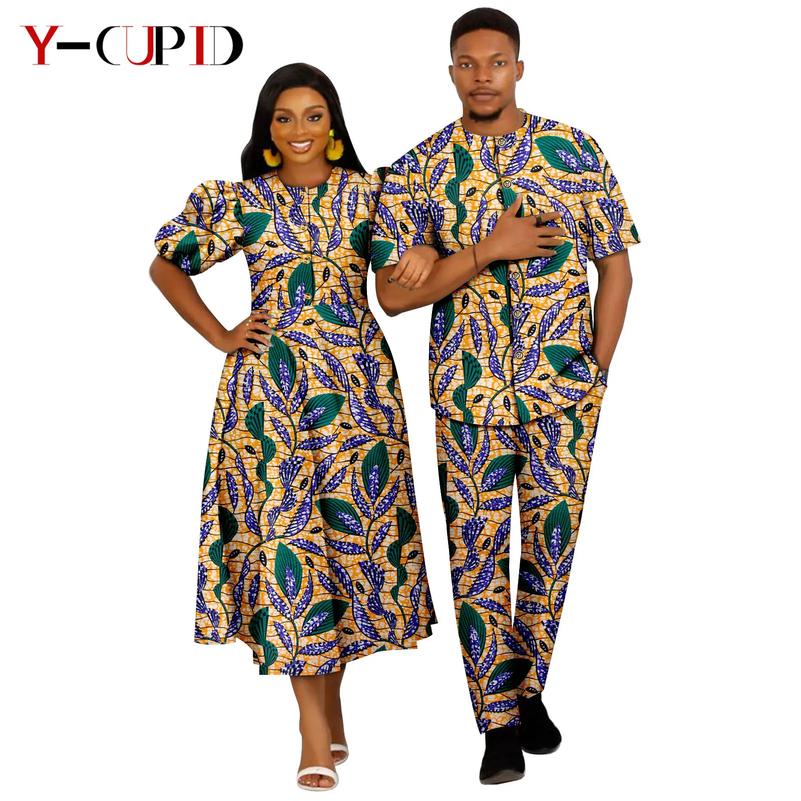 African Print Dresses for Women Matching Couples Clothes Dashiki Men Outfit Bazin Riche Top Shirt and Pant Sets 24C074